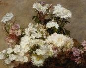 亨利方丹拉图尔 - White Phlox, Summer Chrysanthemum and Larkspur